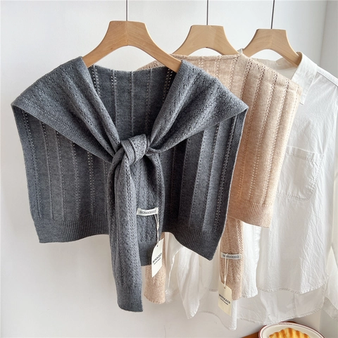 Knitted Shawl Women Hollow Out Crochet Decorative Fake Collar Tie Front Shoulder Wrap Chic Versatile Accessory