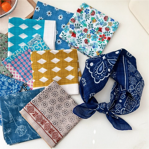 Square Bandana Scarf Polyester Cotton Linen Blend Printed Floral Geometric Paisley Pattern For Women Summer Hair Band