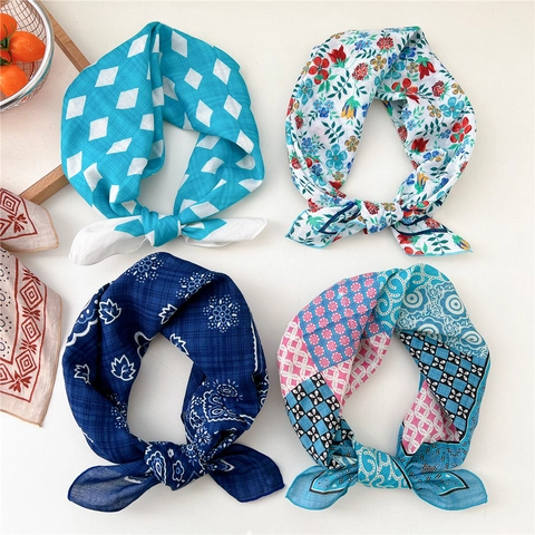Square Bandana Scarf Polyester Cotton Linen Blend Printed Floral Geometric Paisley Pattern For Women Summer Hair Band