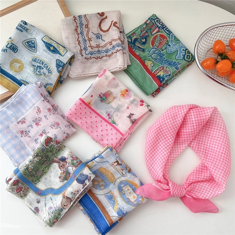 Foulard Quadrato Da Donna Stampa Vintage Floreale Geometrica Bandana Effetto Cotone Lino Cerchietto Per Capelli