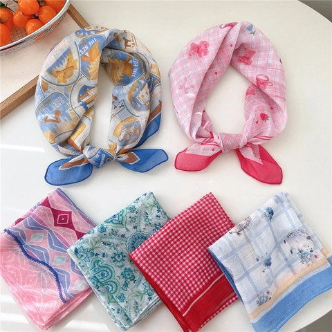 Foulard Quadrato Da Donna Stampa Vintage Floreale Geometrica Bandana Effetto Cotone Lino Cerchietto Per Capelli