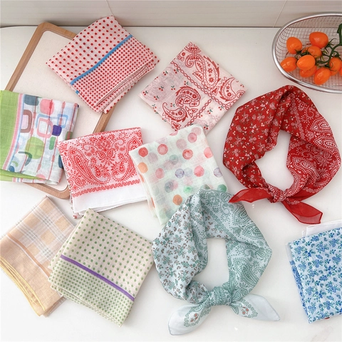 Printed Square Scarf Cotton Polyester Blend Women Neck Scarf Polka Dot Paisley Floral Pattern Head Wrap Fashion Decor