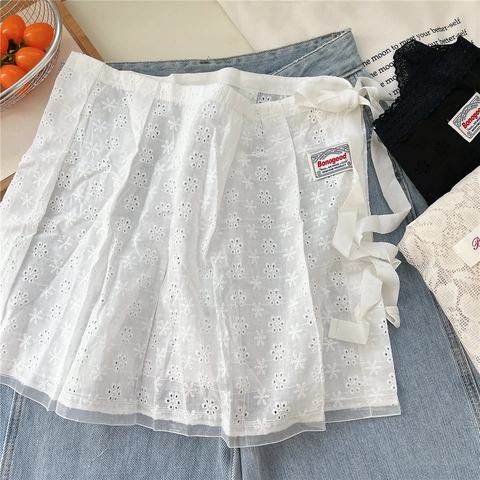 Women Floral Lace Mini Wrap Skirt Embroidery Mesh Layering Balletcore Decorative Waist Ribbon Tie