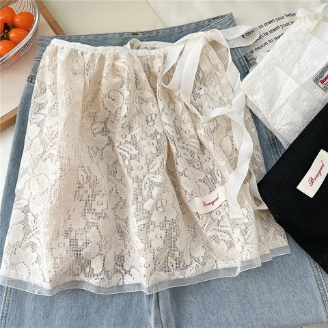 Women Floral Lace Mini Wrap Skirt Embroidery Mesh Layering Balletcore Decorative Waist Ribbon Tie