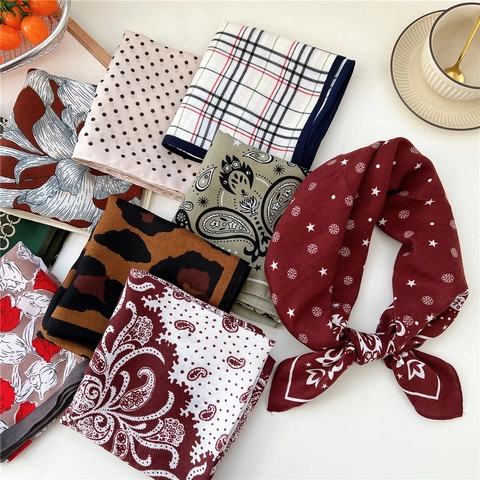 Vintage Square Scarf Floral Paisley Leopard Print Satiny Satin Polyester Neck Hair Band Accessory For Women Elegant