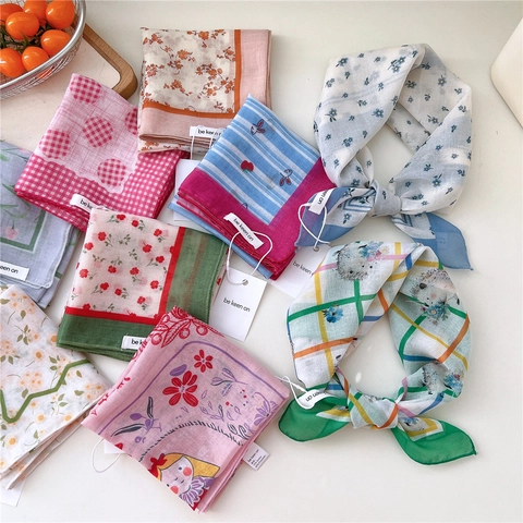 Women Square Scarf Elegant Vintage Floral Plaid Printed Breathable Lightweight Head Neck Scarf Handkerchief Accessory