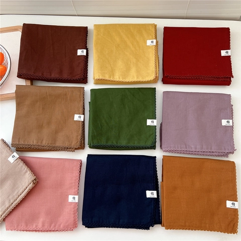 Cotton Square Scarf Solid Color Elegant Neck Wrap With Crochet Lace Trim Korean Style Decorative Head Scarf Women