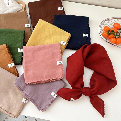 Cotton Square Scarf Solid Color Elegant Neck Wrap With Crochet Lace Trim Korean Style Decorative Head Scarf Women