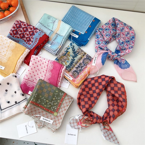 Women Polka Dot Square Scarf Retro Striped Hair Band Cotton Polyester Blend Neck Scarf Elegant Decorative Accessory