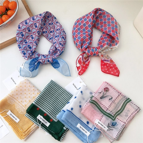 Women Polka Dot Square Scarf Retro Striped Hair Band Cotton Polyester Blend Neck Scarf Elegant Decorative Accessory