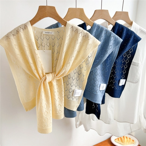 Dames Gebreide Sjaal Met Opengewerkt Ruitpatroon Decoratieve Valse Kraag Capelet Elegant Casual Nek Accessoire