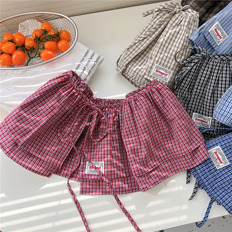 Cotton Plaid Shirt Extender Fake Hem Layering Mini Skirt Drawstring Double Layer Ruffle Decorative For Women
