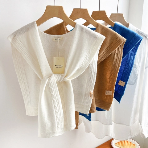100% Wool Knitted Shawl Cable Knit Shoulder Wrap False Collar Lace Up Chic Warm Elegant Decorative For Women