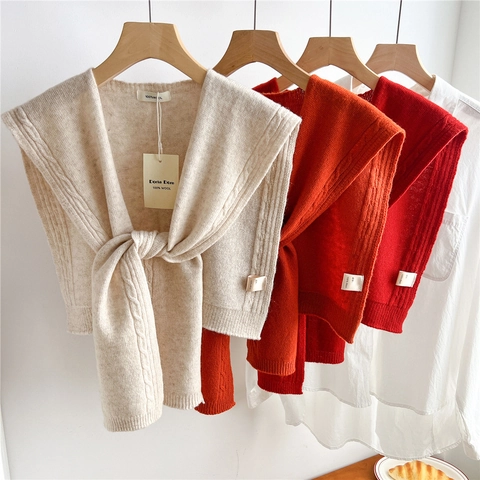 100% Wool Knitted Shawl Cable Knit Shoulder Wrap False Collar Lace Up Chic Warm Elegant Decorative For Women