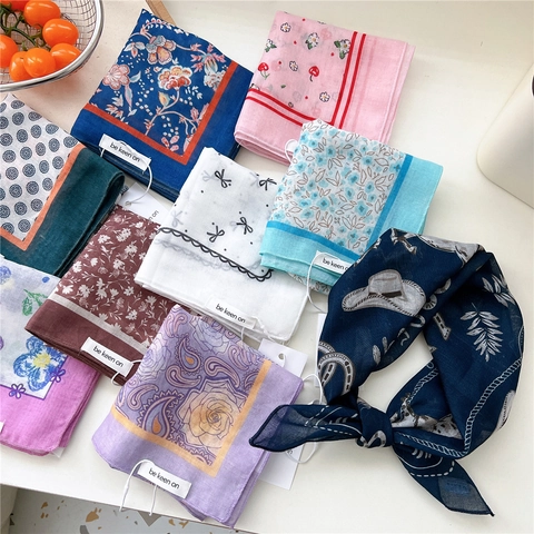 Square Scarf Bandana Polyester Cotton Blend Thin Breathable Printed Paisley Floral For Women Vintage Style Neck Tie Hair Wrap