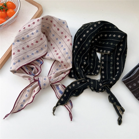 Vintage Floral Cotton Linen Triangle Scarf For Women French Style Retro Bandana Headscarf Neckerchief Hair Accessory