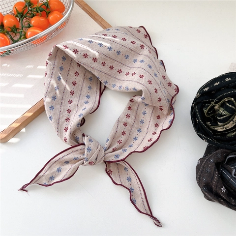 Vintage Floral Cotton Linen Triangle Scarf For Women French Style Retro Bandana Headscarf Neckerchief Hair Accessory