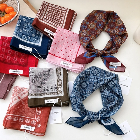 Vintage Square Scarf Bandana Paisley Houndstooth Printed Polyester Cotton Neck Scarf Women French Style Hair Accessory Retro