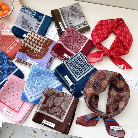 Vintage Square Scarf Bandana Paisley Houndstooth Printed Polyester Cotton Neck Scarf Women French Style Hair Accessory Retro