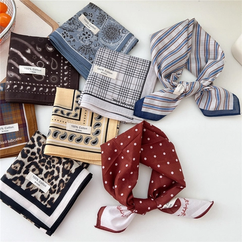 Bandana Quadrata Foulard Puro Cotone Stampato Paisley Pois Plaid Leopardo Per Donne Versatile Retrò Accessorio Capelli