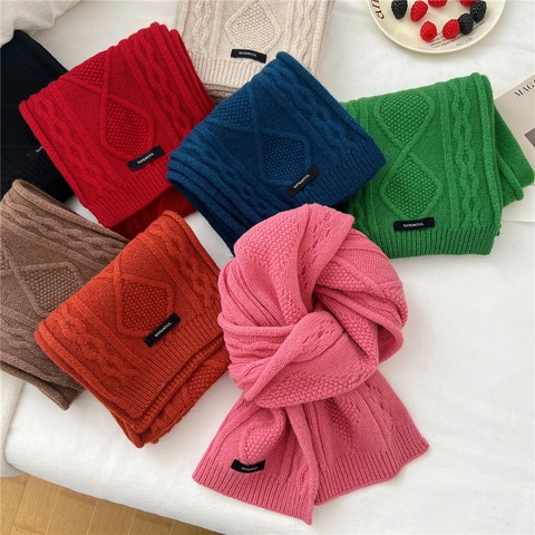 100% Wool Scarf Cable Knit Thick Soft Solid Color Winter Neck Warmer For Women Korean Style Versatile Fashion Accessory