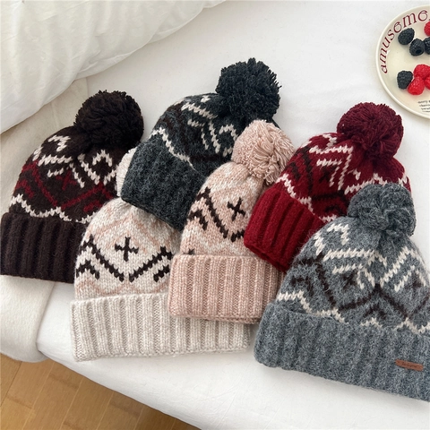 Gorro De Punto Con Pompon De Piel Sintetica Invierno Calido Patron Jacquard Geometrico Estilo Fair Isle Para Mujer