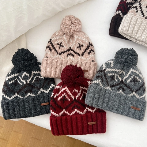 Gorro De Punto Con Pompon De Piel Sintetica Invierno Calido Patron Jacquard Geometrico Estilo Fair Isle Para Mujer