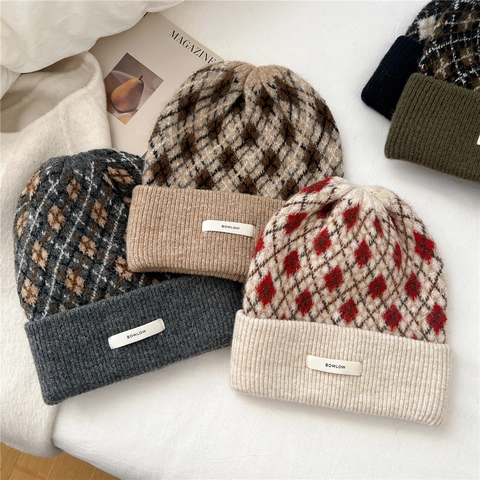 Argyle Pattern Knitted Beanie Hat Warm Winter Thick Folded Cuff Retro Style Outdoor For Women