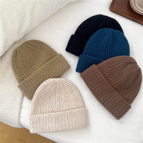 Women Pure Wool Beanie Hat Cable Knit Thick Warm Winter Skull Cap Ribbed Cuff Outdoor Casual Solid Color Soft Thermal