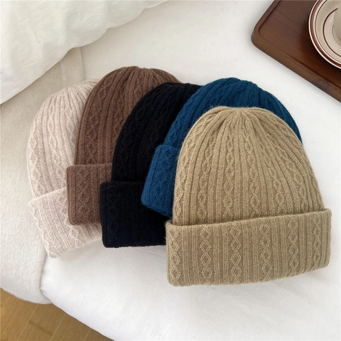 Women Pure Wool Beanie Hat Cable Knit Thick Warm Winter Skull Cap Ribbed Cuff Outdoor Casual Solid Color Soft Thermal