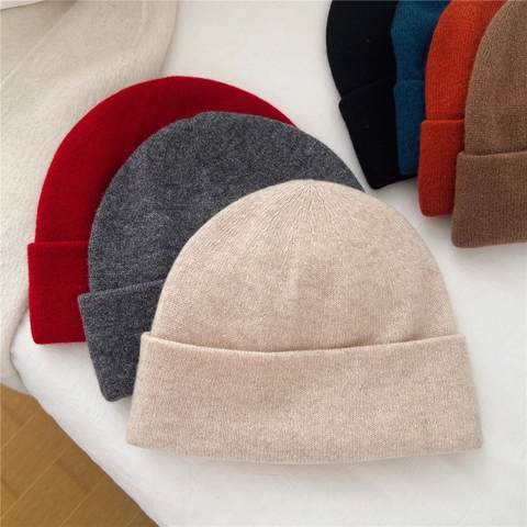 Bonnet En Tricot 100% Laine Hiver Chaud Protection Des Oreilles Revers Pull Couleur Unie Minimaliste Pour Femmes
