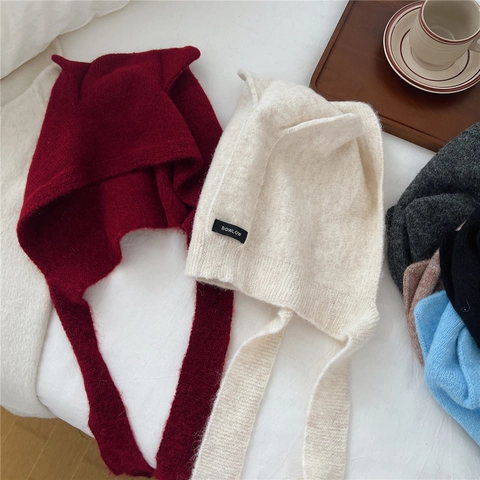 Knitted Beanie Hat With Cat Ears Ear Flaps Long Straps Plush Mohair Soft Winter Warm Cozy For Women