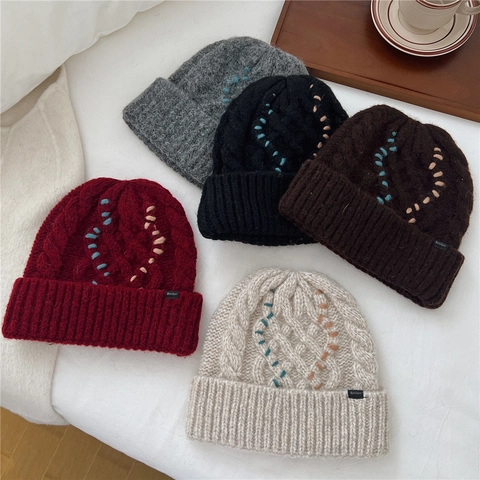 Bonnet En Tricot D'Hiver Chaud Grosse Maille Coutures Contrastées Bonnet À Revers Pour Femmes Décontracté
