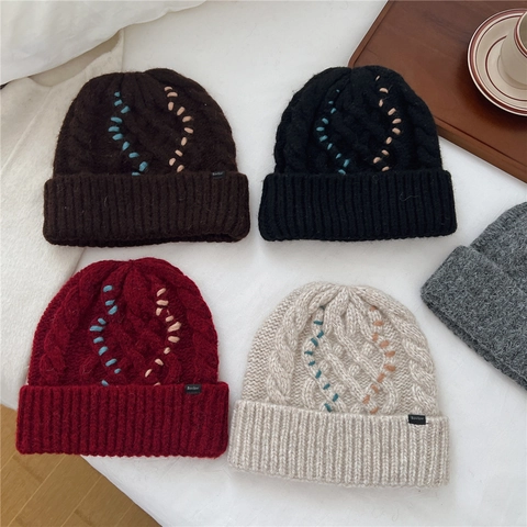 Bonnet En Tricot D'Hiver Chaud Grosse Maille Coutures Contrastées Bonnet À Revers Pour Femmes Décontracté