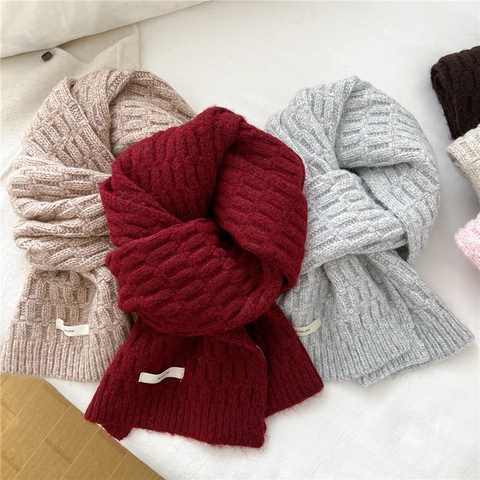 Knitted Winter Scarf Wool Blend Warm Soft Chunky Waffle Texture Chic Solid Color Unisex