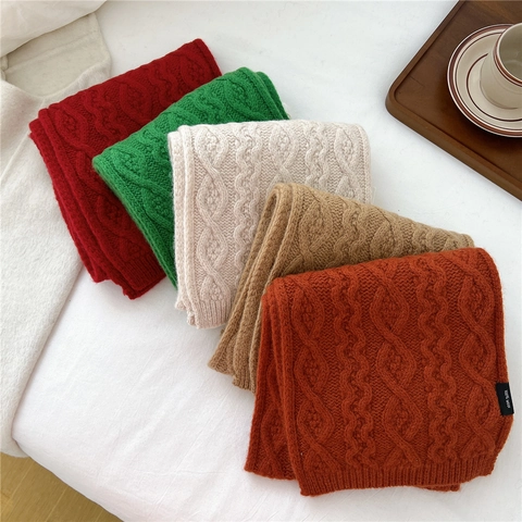 Dames Winter Sjaal Van Pure Wol Gebreid Kabelpatroon Dik Warm Zacht Effen Kleur Chique Koreaanse Stijl