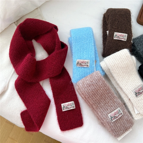 Solid Color Knitted Scarf Soft Wool Blend Warm Winter Neck Warmer Vintage Label Retro Chic Narrow Long For Women