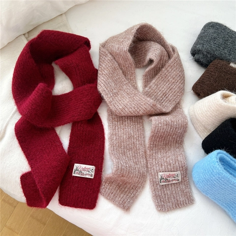 Solid Color Knitted Scarf Soft Wool Blend Warm Winter Neck Warmer Vintage Label Retro Chic Narrow Long For Women