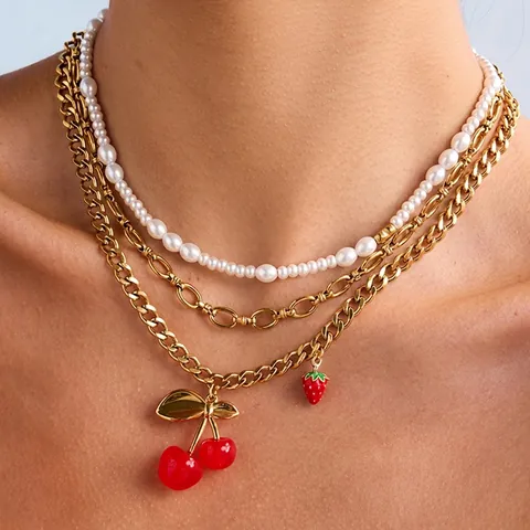 Red Cherry Strawberry Pendant Necklace Stainless Steel Faux Artificial Pearl Multi Layered Gold Plated Fashion Retro Women Jewelry
