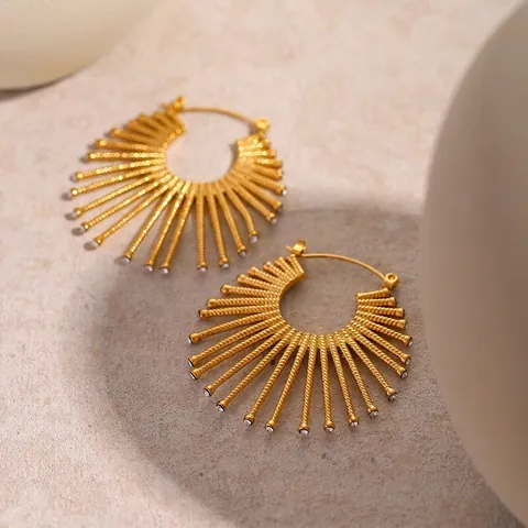 Pendientes De Botón Sol Oro De 18K Acero Inoxidable Radial Forma De Abanico Circonia Joyería Moderna Para Mujeres