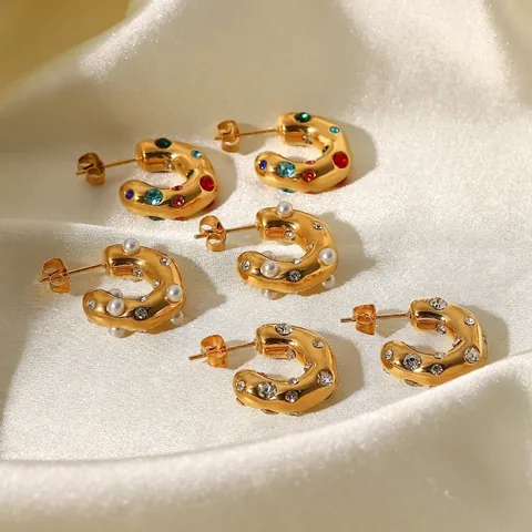 C-Shaped Hoop Earrings 18K Gold Plated Stainless Steel Irregular Hammered Inlaid Zircon Artificial Pearl For Women