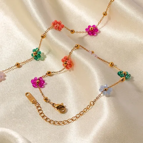 Pulsera Y Collar De Flores De Cristal Coloridas Hechas A Mano Acero Inoxidable Chapado En Oro 18K Estilo Ins Mujer