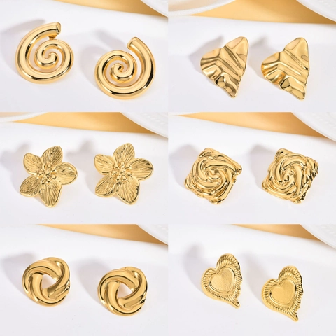 18K Verguld 304 Roestvrij Stalen Oorknopjes Voor Dames Vintage Geometrische Getextureerde Onregelmatige Hydraulisch Geperste Oorbellen Sieraden