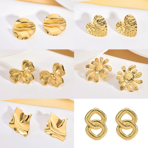18K Verguld 304 Roestvrij Stalen Oorknopjes Voor Dames Vintage Geometrische Getextureerde Onregelmatige Hydraulisch Geperste Oorbellen Sieraden