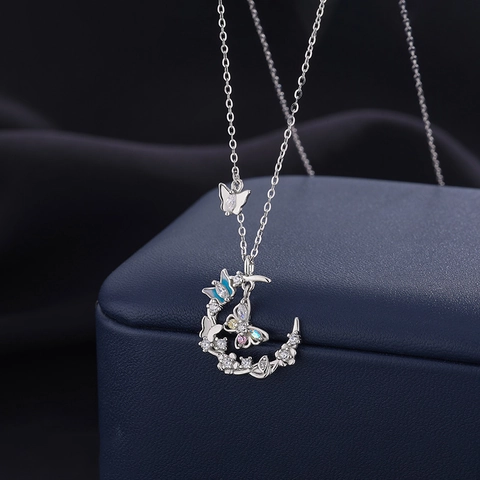 Collana Con Pendente Farfalla E Luna Argento Finissimo 999 Smalto Zircone Cubico Gioielli Di Moda Per Donna