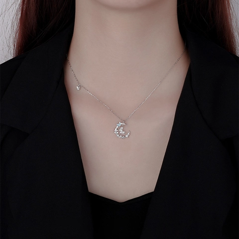 Collana Con Pendente Farfalla E Luna Argento Finissimo 999 Smalto Zircone Cubico Gioielli Di Moda Per Donna