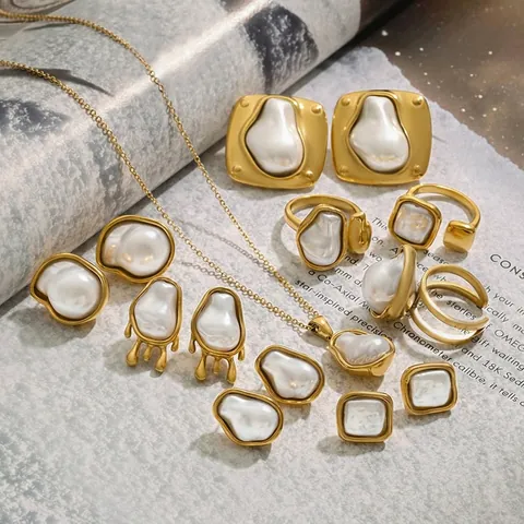 Artificial Baroque Pearl Jewelry Stainless Steel Gold Plated Necklace Earrings Ring Waterproof Hypoallergenic Vintage Fashion Women