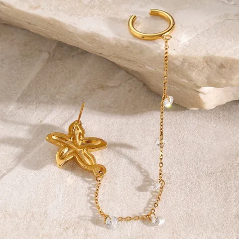 Starfish Ear Stud And Ear Cuff Integrated Chain 18K Gold Plated Stainless Steel Zircon Ocean Jewelry For Women