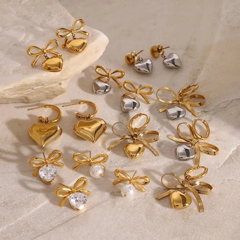 Bowknot Heart Zircon Stainless Steel Earrings For Women Romantic Fashion Gold Silver Color Ear Studs Jewelry