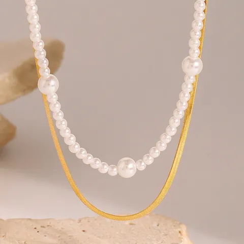 Layered Artificial Pearl Necklace Gold Plated Stainless Steel Herringbone Snake Chain Waterproof Hypoallergenic Jewelry Women